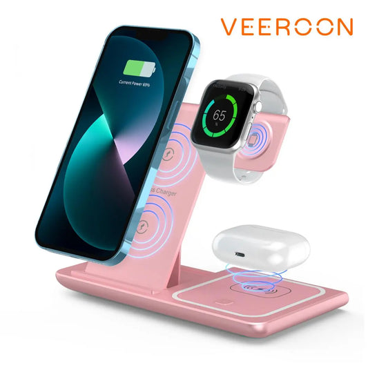 VEEROON 3-In-1 Wireless Charging Station - Multifunctional Fast Charging Magnetic Wireless Charger Stand with Type-C Port - Electronic Fast Charging Station for Iphone, Apple Watch & Airpods