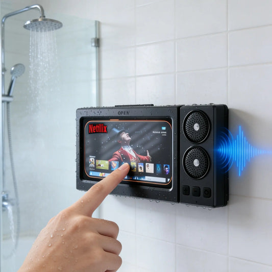 Waterproof Box Bluetooth Speaker with 360° Rotating Touch Screen, Bathroom Shower TV and Phone Holder Speaker for Watching Movies, Listening to Music, Suitable for Swimming Pool, Kitchen and Bathroom